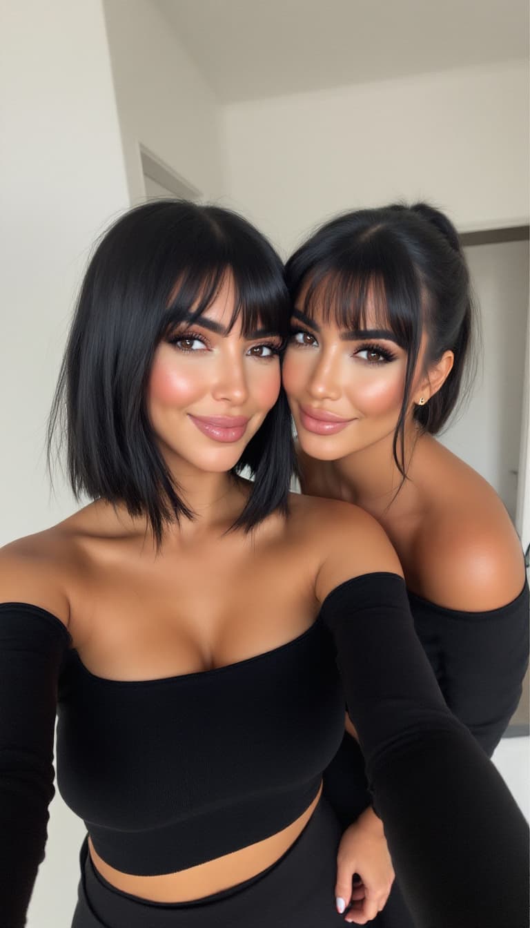 AI generated: women,thick eyebrows, short black hair with very long bangs, wearing a black off the shoulder top, y...
