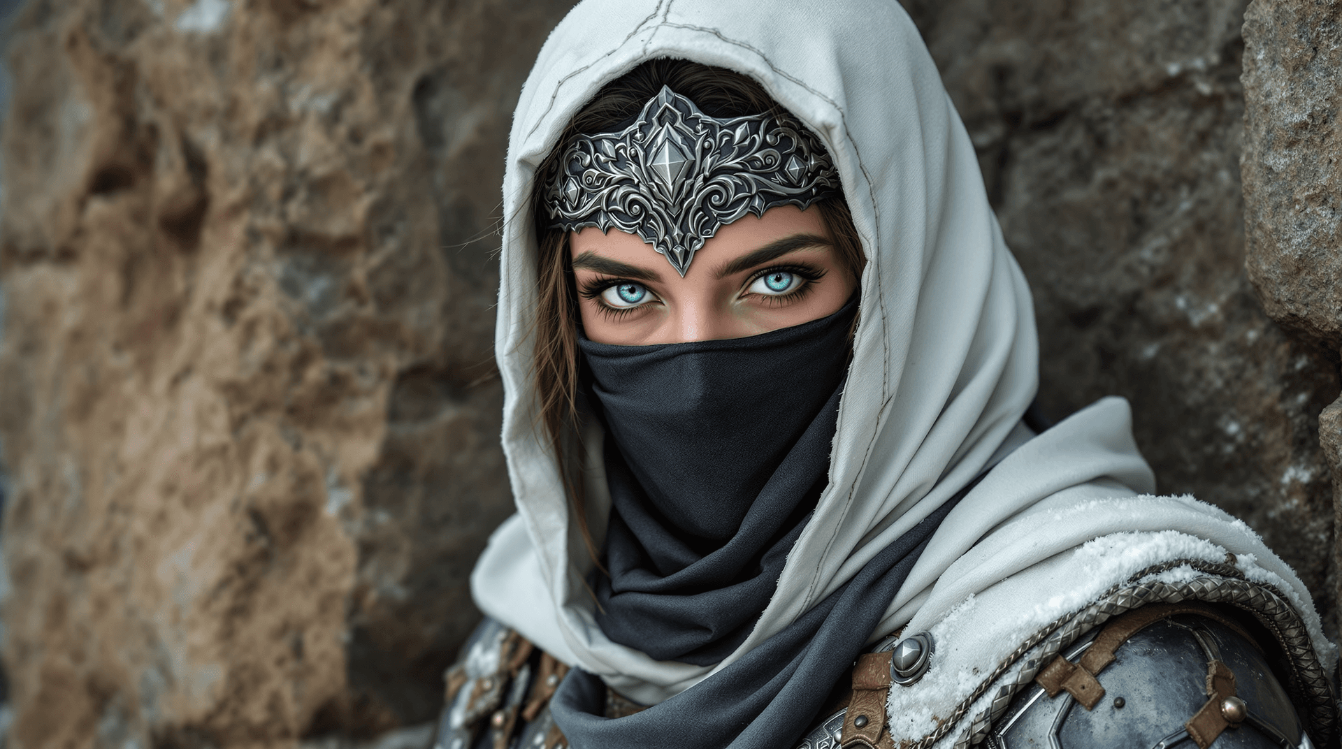 AI generated: female warrior, young adult, likely Middle Eastern, wearing intricate, dark-gray metal armor with br...