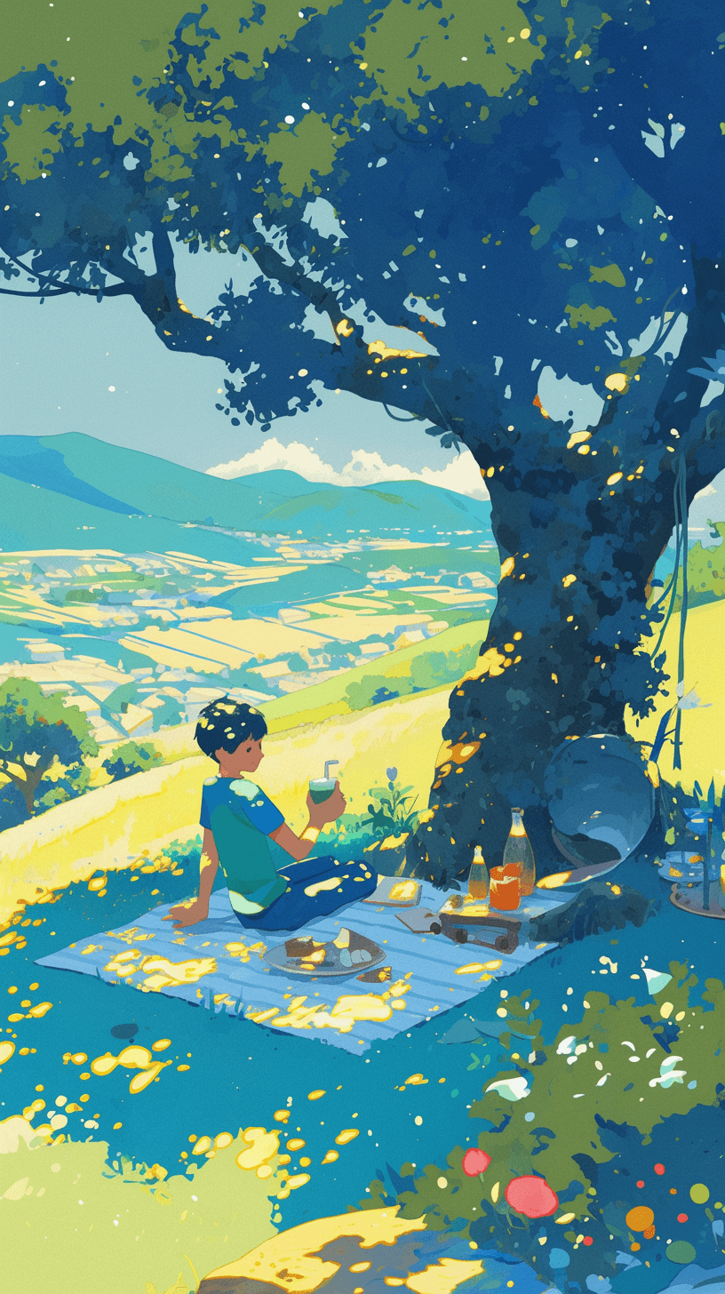 AI generated: A boy drinks a drink under a tree with mountains behind,Aerial view,simple lines, children's book st...