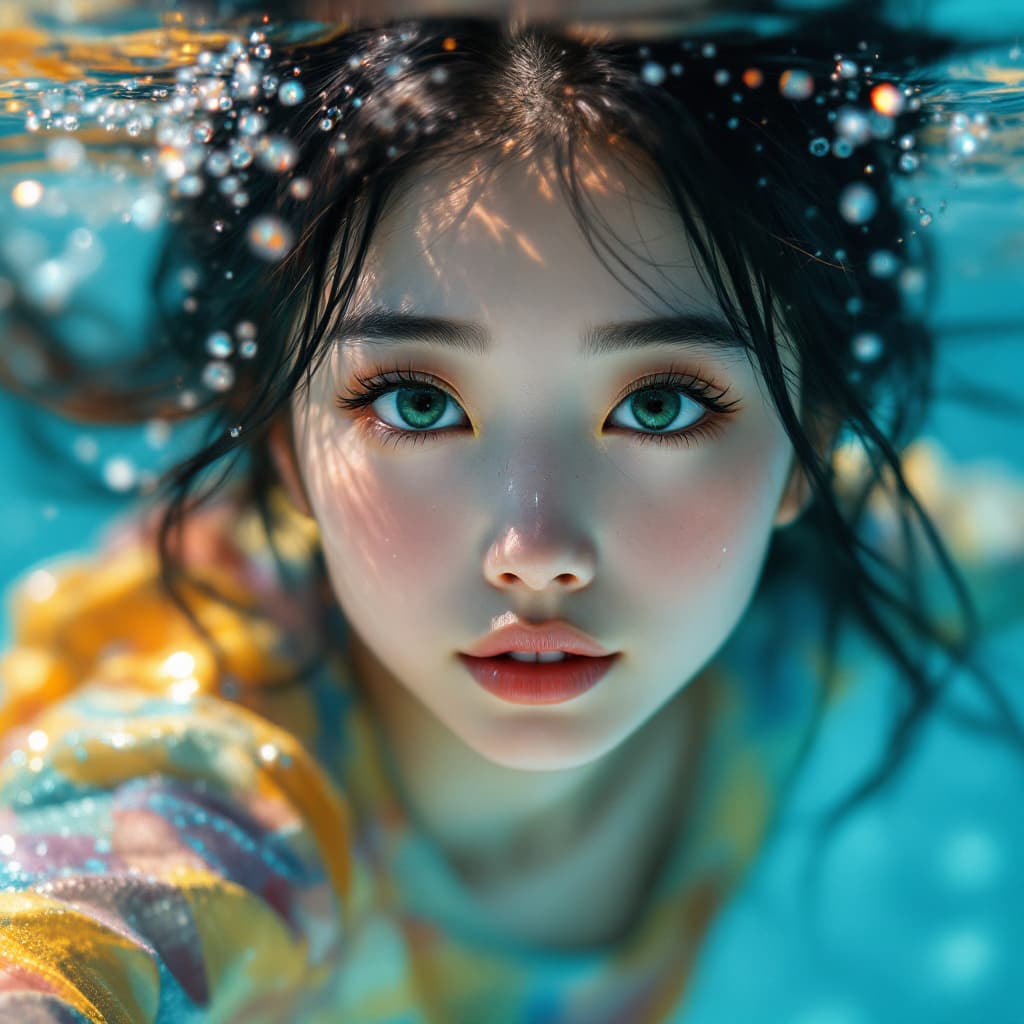 AI generated: A beautiful asian girl with big green eyes and long eyelashes is swimming underwater. The water arou...