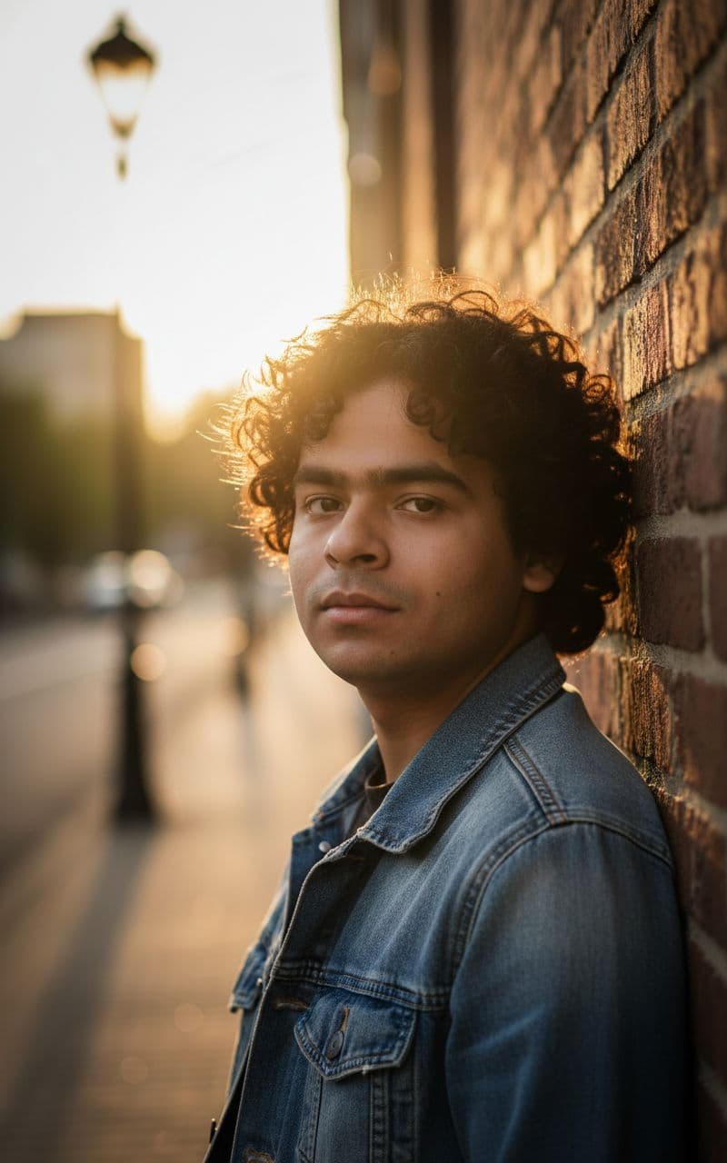 AI generated: A portrait of a young man with curly brown hair, bathed in warm, golden hour sunlight. He is leaning...