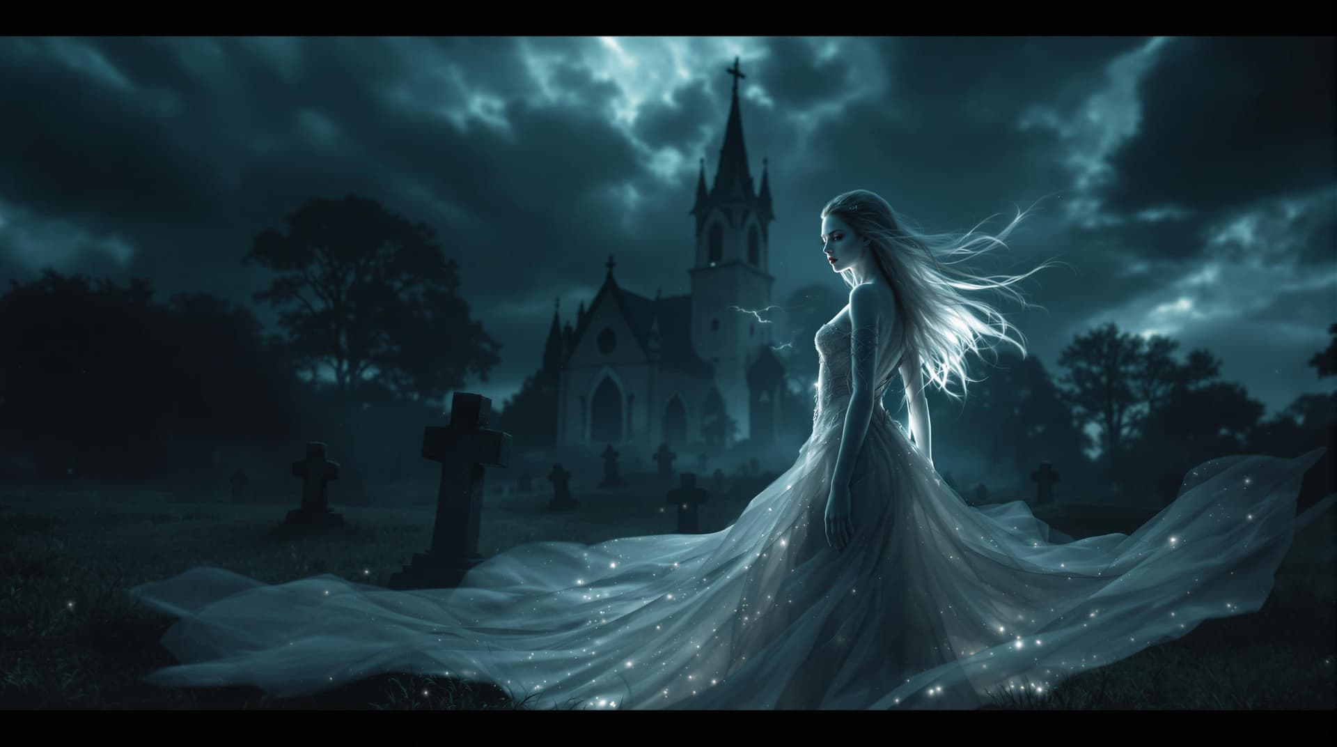 AI generated: a hauntingly beautiful scene of an almost translucent ethereal woman in a graveyard, surrounded by t...