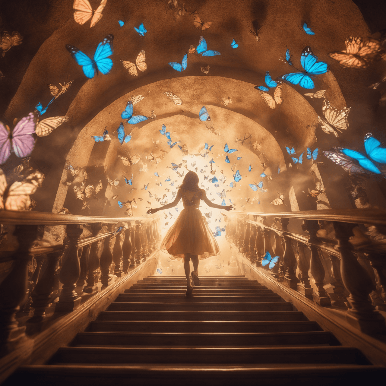 AI generated: A surreal 27-year-old dreamer, with butterfly wings emerging from their back, floats in mid-air amid...