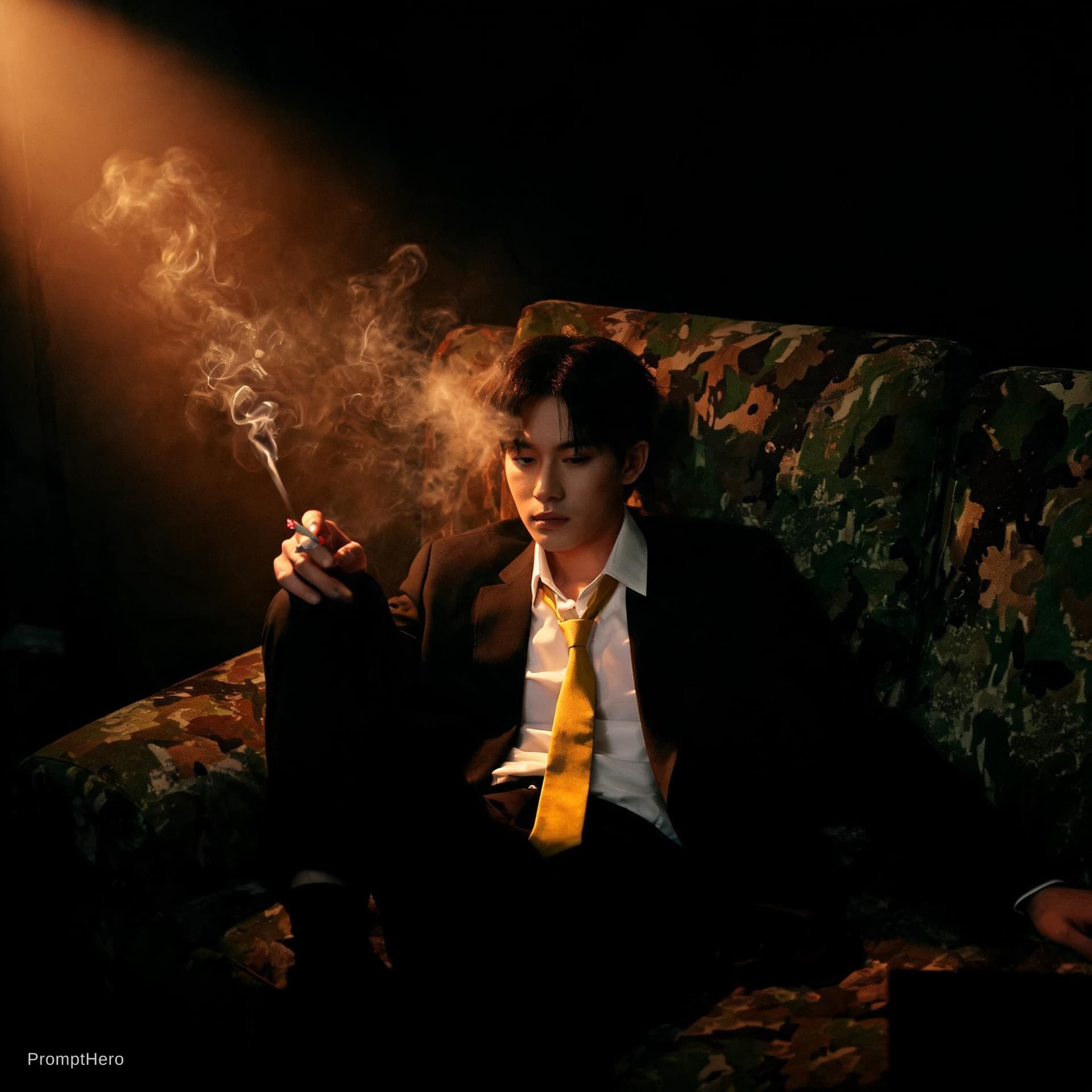 AI generated: photography, cover shoot, dimly lit room with a hazy atmosphere, capturing a professional male model...