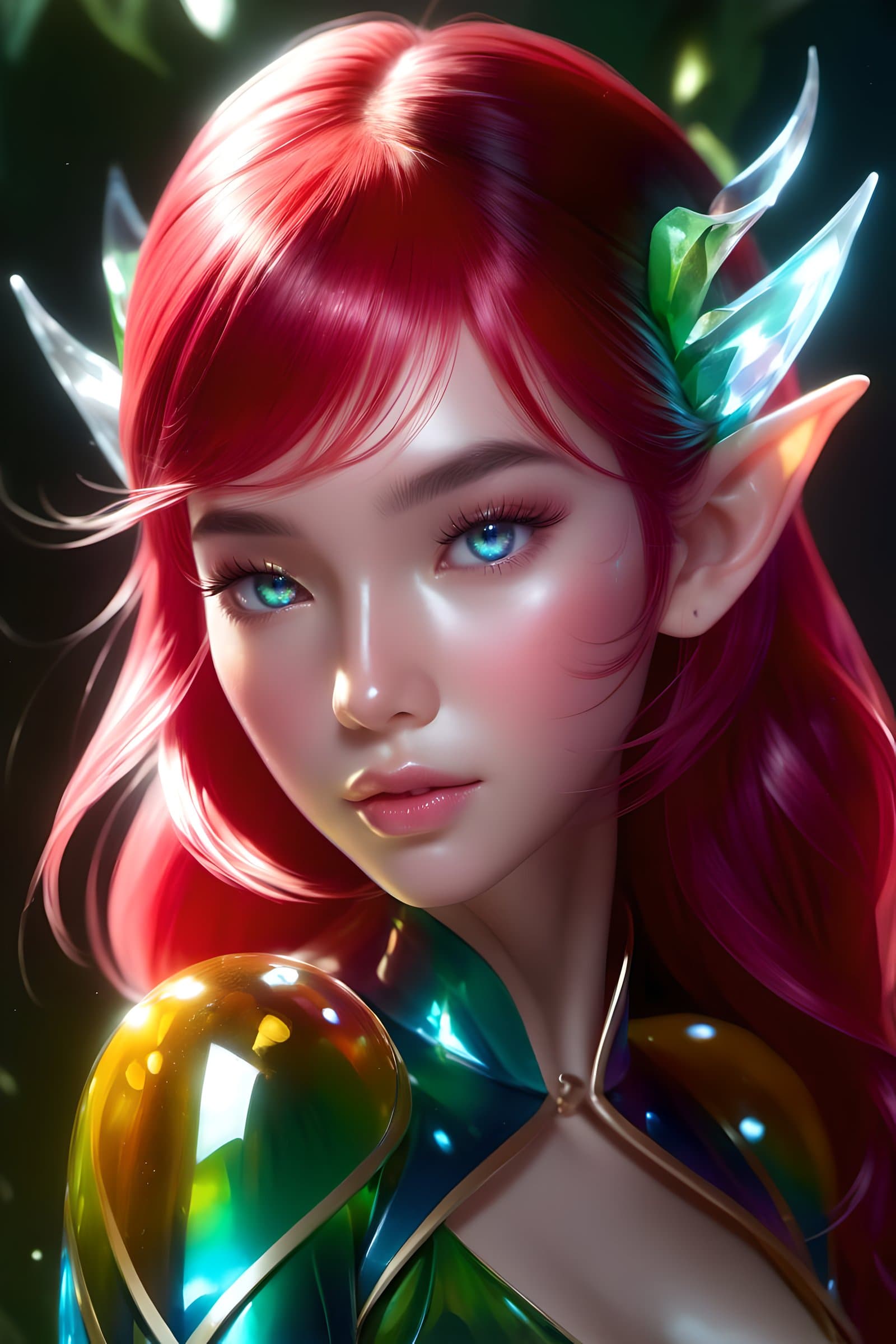 AI generated: Cute sexy elf humanoid female inside a prismatic blob, slimy substance, translucent, gelly, creature...