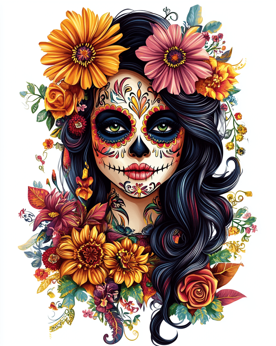 AI generated: beautiful illustration of day of the dead woman with flowers on white background, intricate style , ...