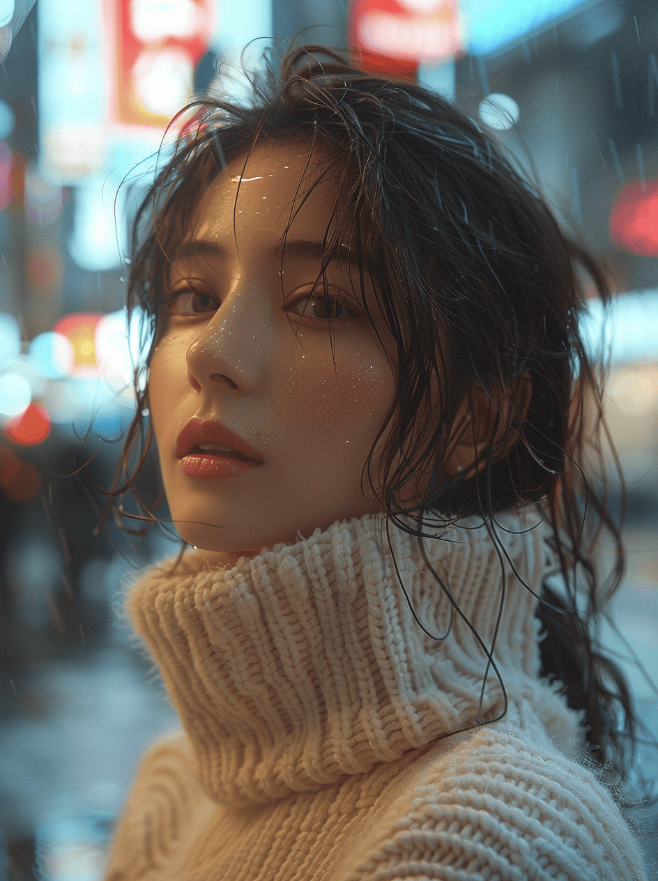 AI generated: Girl, white sweater, standing in a city, in the style of kenro izu, pierre-mony chan --ar 73:98 --st...