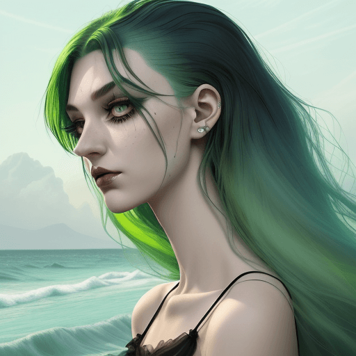 AI generated:  tall girl with vibrant green hair that cascades in gentle waves around her shoulders. Her piercing ...