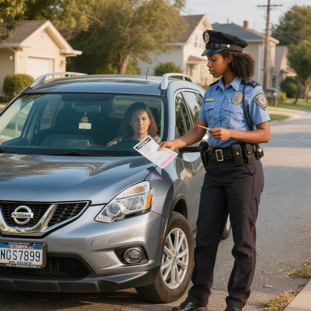 AI generated: hyper-realistic photo of a dark-skinned female police officer in uniform standing next to a Nissan R...