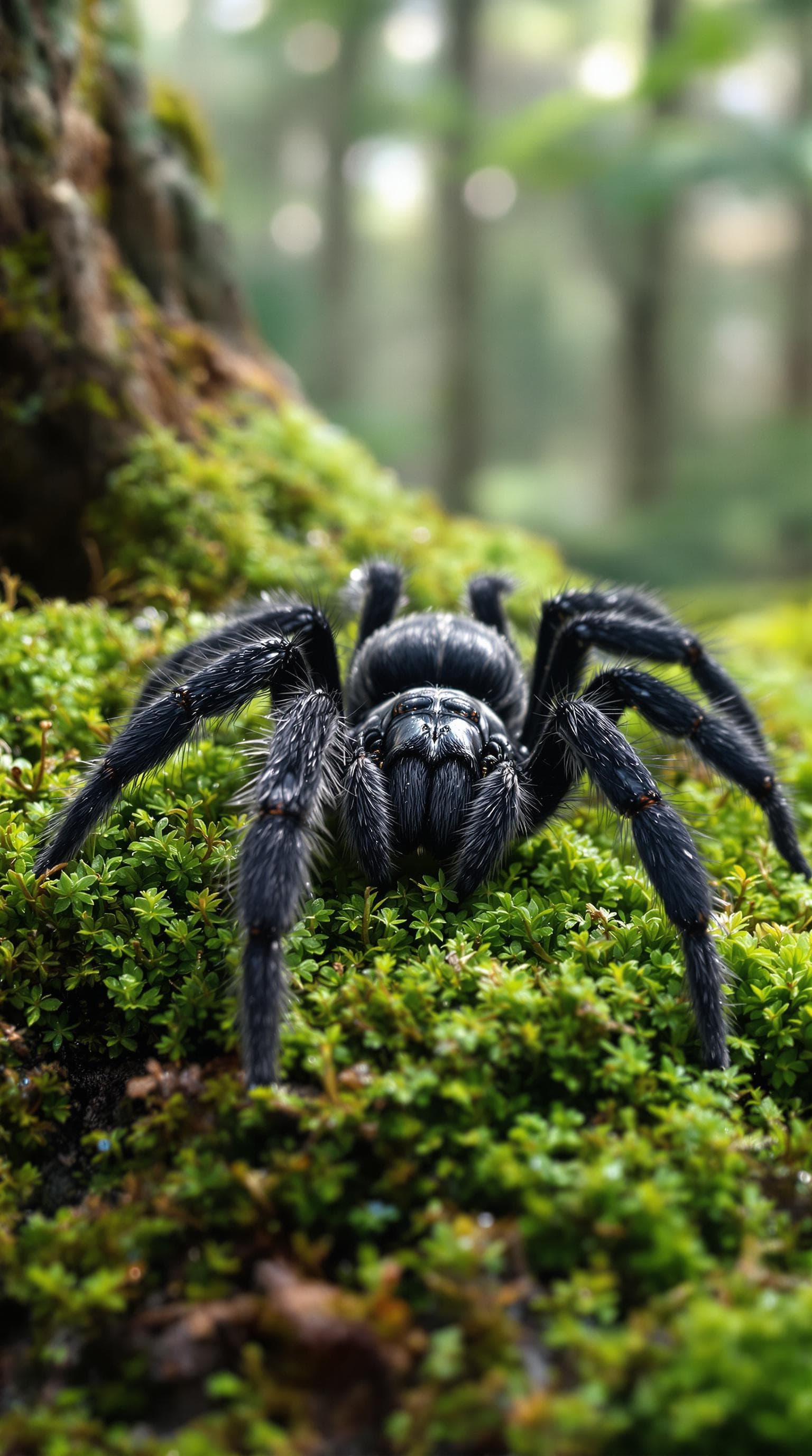 AI generated: Create an ultra-detailed, photorealistic macro photograph of a stunning black tarantula in a lush, e...
