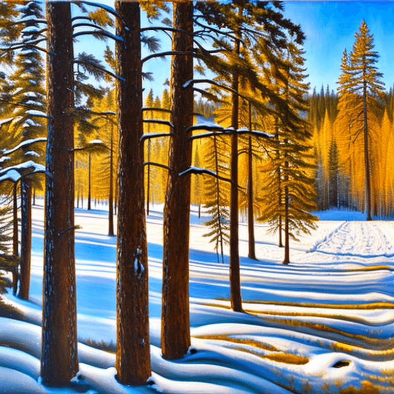 AI generated: a painting of some trees in the snow, an oil painting, shutterstock, american scene painting, spruce...