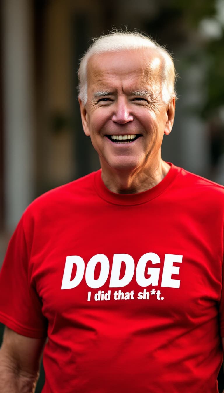 AI generated: Joe Biden wearing a Bright Red t-shirt,  the t-shirt logo reads "DOGE: I did that sh!t" in bold whit...