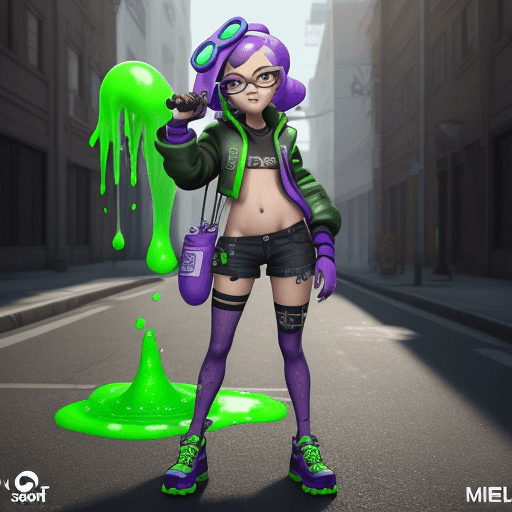 AI generated: splatoon 3 character model, street style, unreal engine 5, green slime melt, blue and purple and yel...