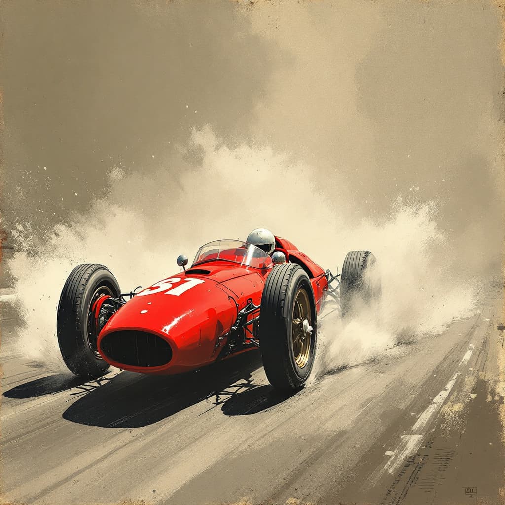 AI generated: red race car, in the style of sam spratt, historical illustrations, old masters, genndy tartakovsky,...