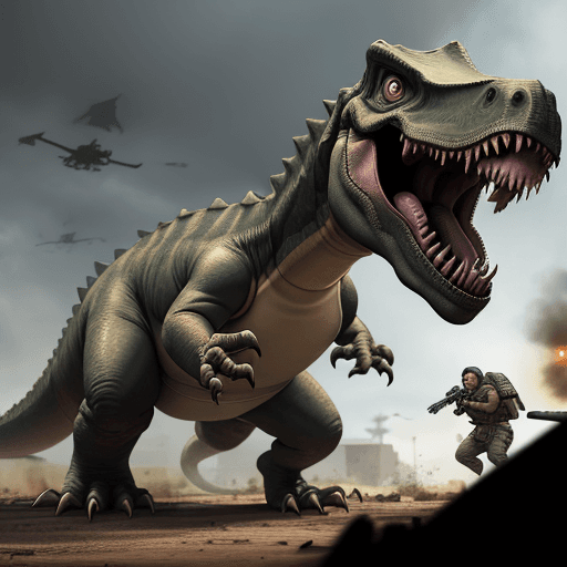AI generated: a cartoon dinosaur fighting in call of duty warzone
