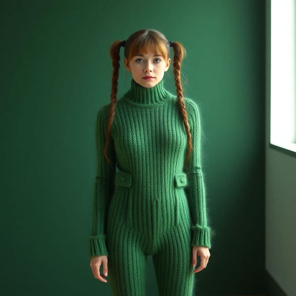 AI generated: jane kaczmarek green coverall-bodysuit hairy mohair clothes twintails hairy wool knitted bodysuit