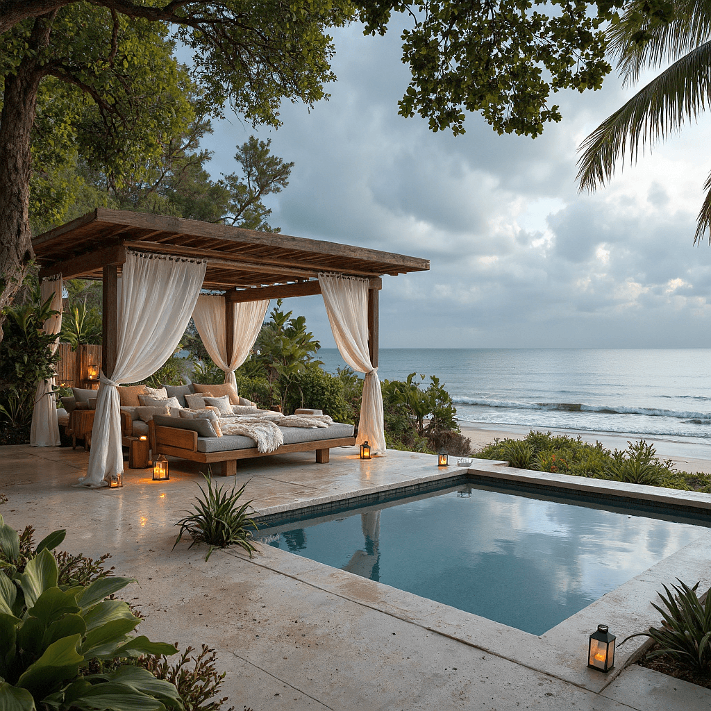 AI generated: A serene coastal lounge under an overcast sky, with thick clouds blanketing the horizon and casting ...