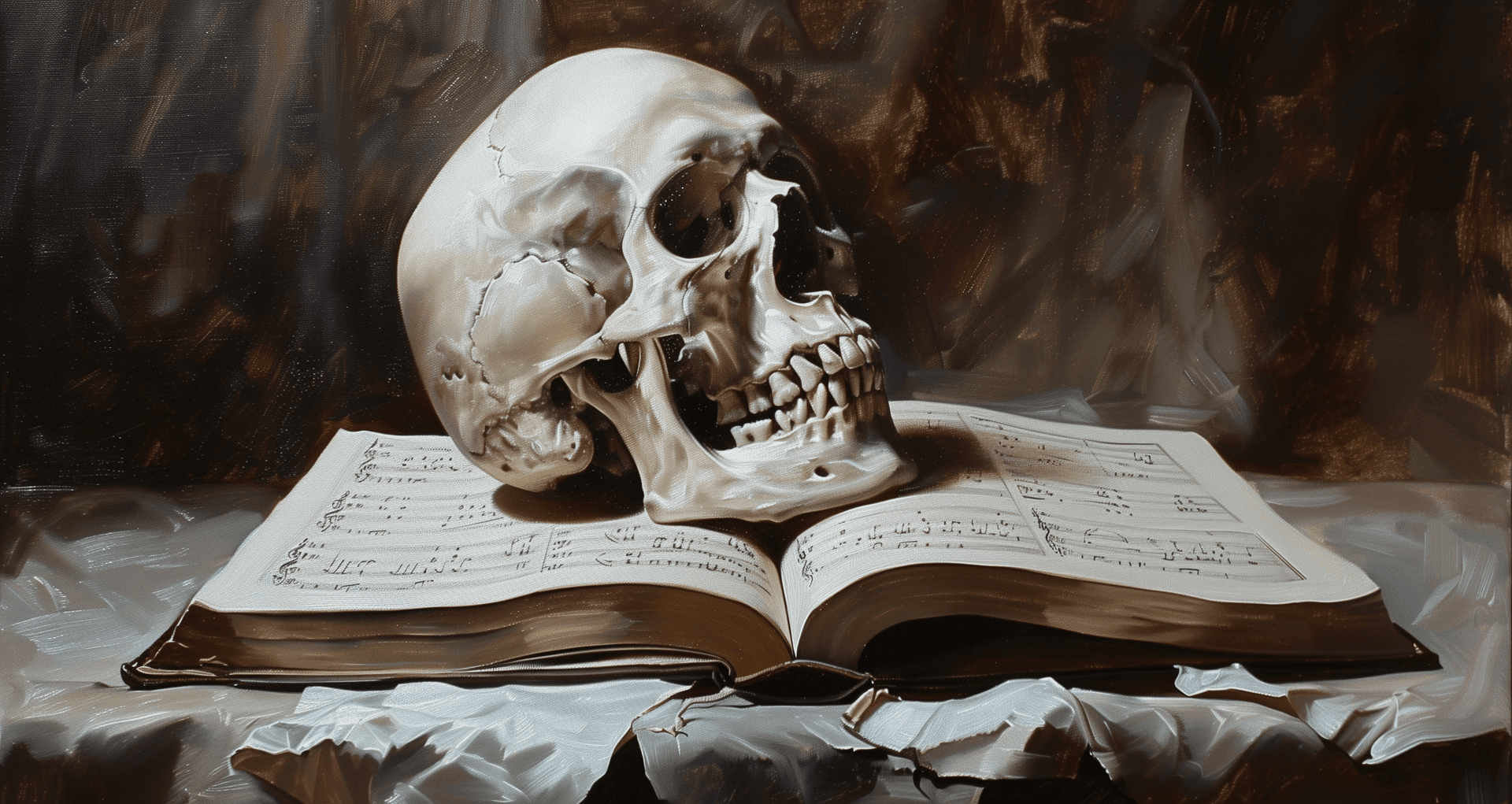AI generated: A skull with an open mouth, next to an opened book of music in the style of Caravaggio's chiaroscuro...