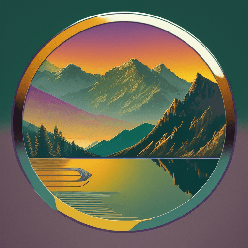 AI generated: 80s chrome and steel Retro Sunset, Mountain Lake scene, green, gold, illustration, inspired by James...