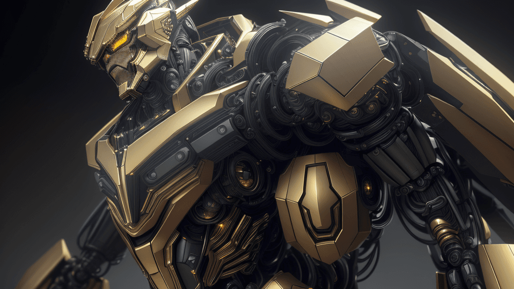AI generated: 3D rendering of Black and gold mecha, intricate details, metallic, reflective,,Hyper Real,Photoreali...