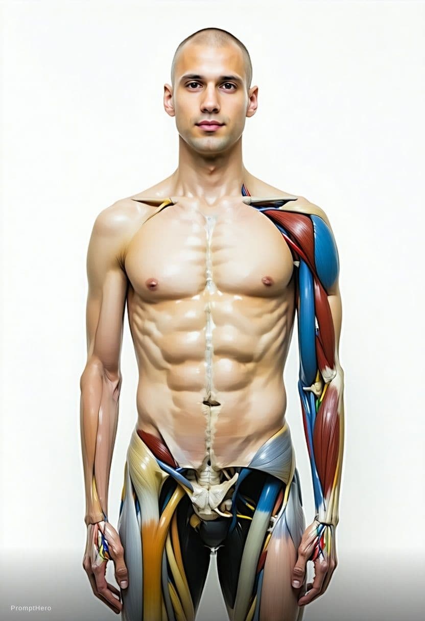 AI generated: This is not a real person; the skin has been removed to reveal authentic male anatomical structures.