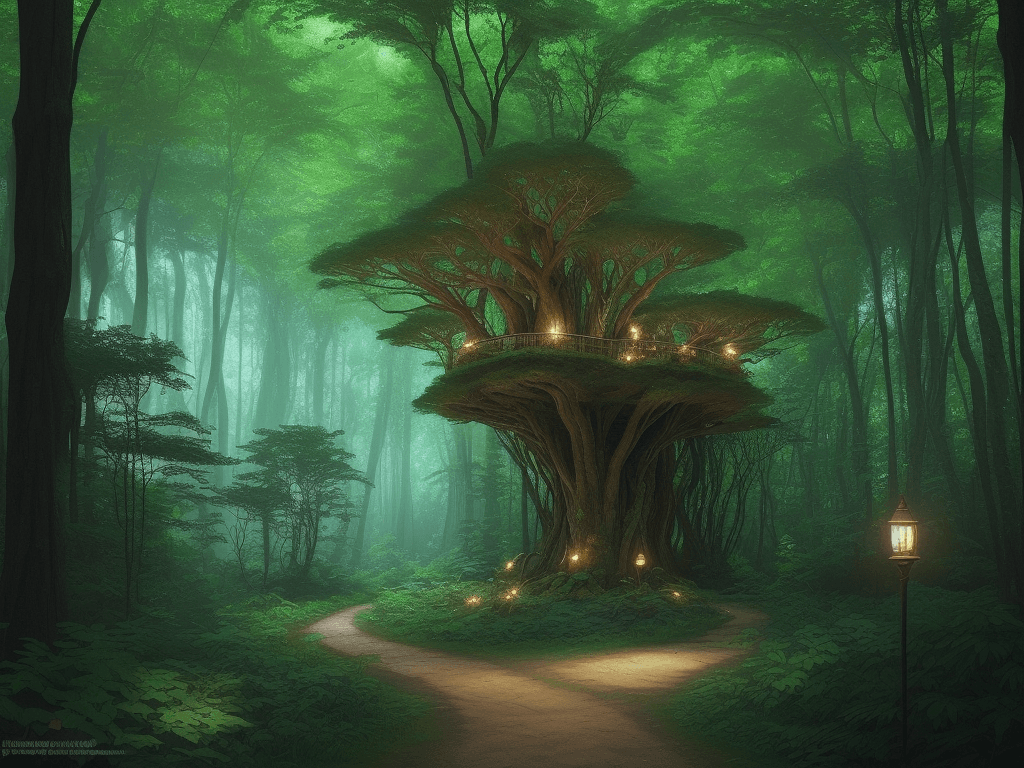 AI generated: anishinaabe woodlands forrestscape, path, walkway, hidden in the forrest, forrestpunk, lush vegetati...