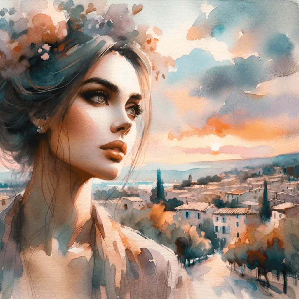AI generated: Impressionistic watercolor painting of a stunning woman, inspired by the works of Paul Cézanne. The ...