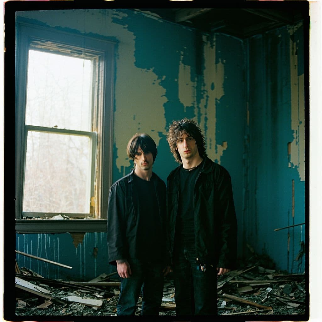 AI generated: grainy 80's photograph quality polaroid of bill and ted suicide caught in an abandoned house, dark