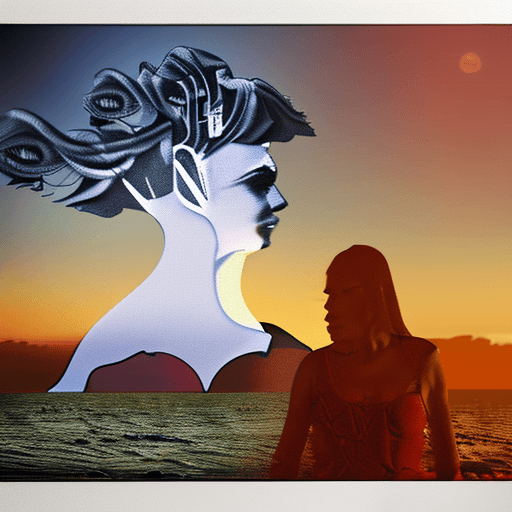 AI generated: High quality, 8K Ultra HD. A beautiful double exposure that combines a goddess silhouette with a sun...