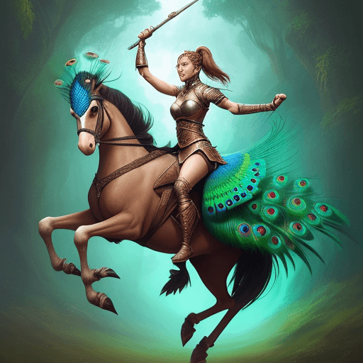AI generated: Female warrior riding a flying peacock