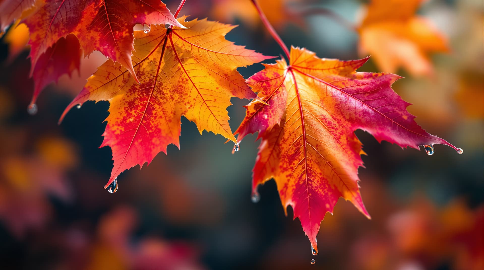 AI generated: a digital abstraction of a few autumn leaves cascade down, dripping and melting in a multicolored zo...