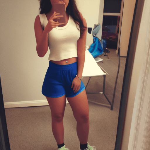 AI generated: Thick college girl with glasses wearing shorts and a tank top.