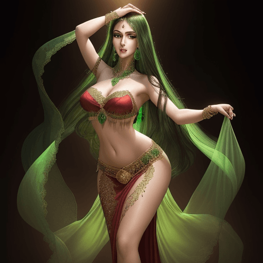 AI generated: A stunning 25-year-old belly dancer stands poised, her mesmerizing deep green eyes shining like emer...