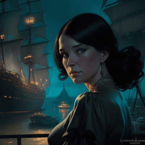 AI generated: creepy image,Woman In A Harbor Town , Translucent Fluorescent Ghost Pirate Ship In The Background no...