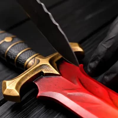 AI generated video: Close up video of cutting a FireSword from Tibia. It's cake inside.