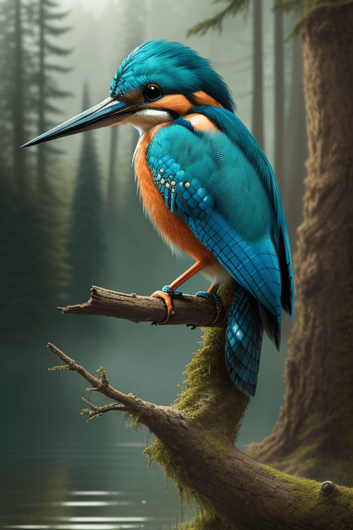 AI generated: Masterpiece, best quality, (a beautiful kingfisher:1.1) (sits on a spruce branch:1.1), (taiga and a ...