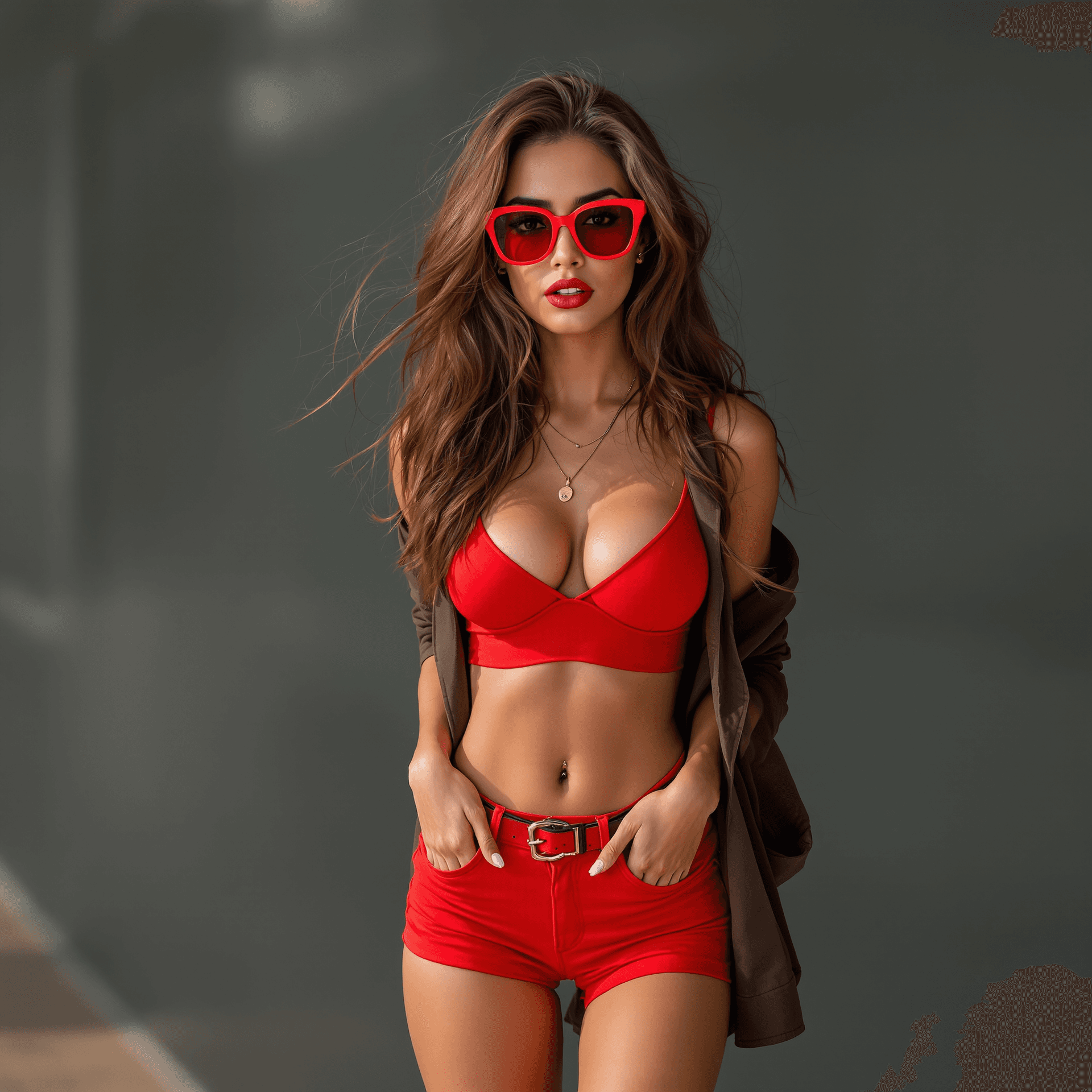 AI generated: latina female model with red urban clothes an red sunglasses, standing front, pose. looking to front...