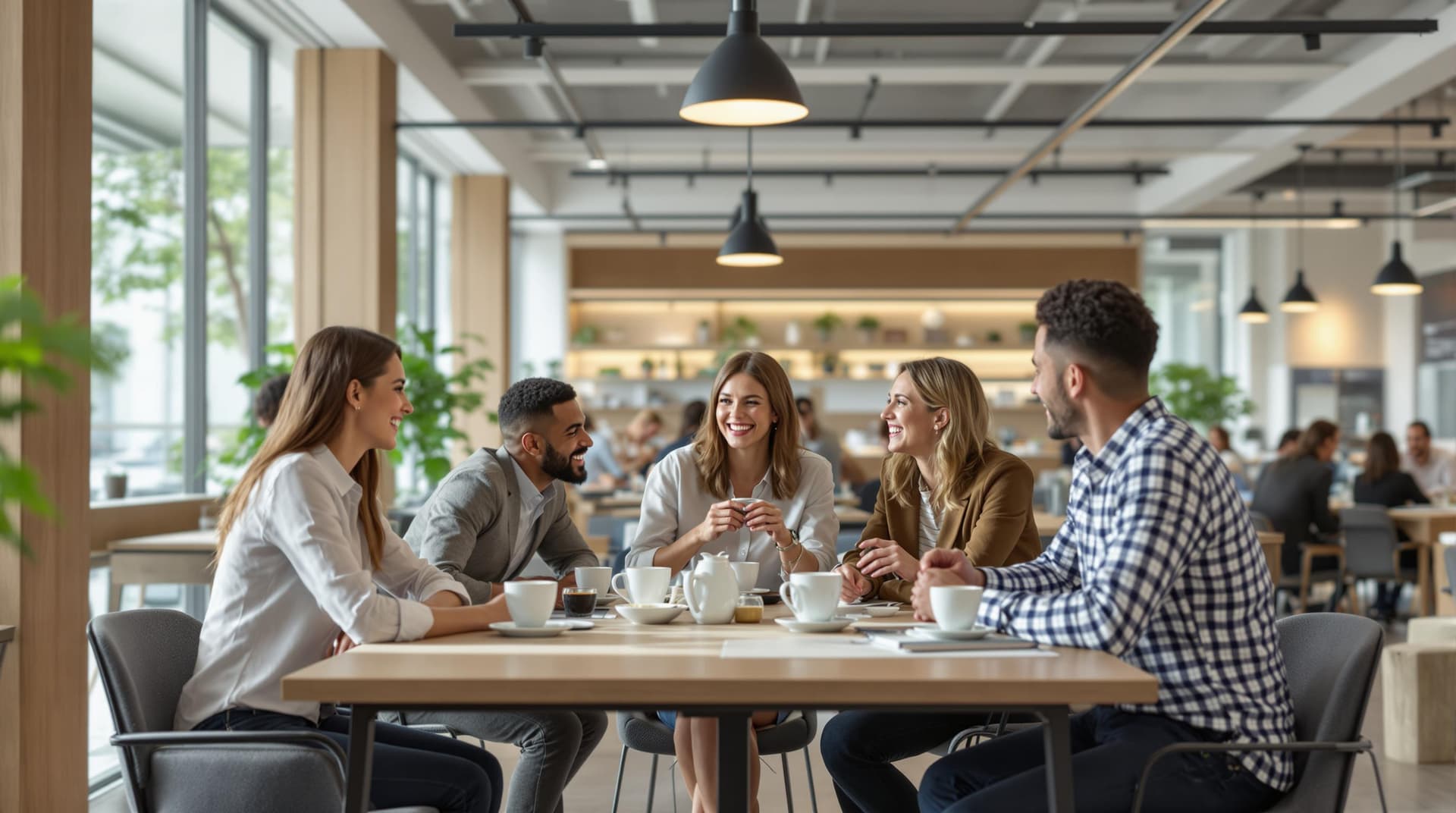 AI generated: "Ultra HD 8K, modern office cafeteria with employees taking a coffee break, relaxed atmosphere, wood...