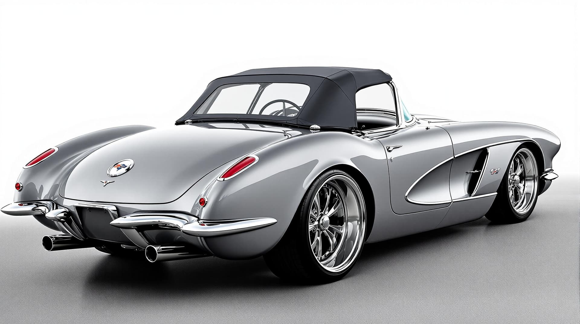 AI generated: Hyper realistic 1959 chevy corvette convertible, rear side top view, gray color, restomod with exhau...