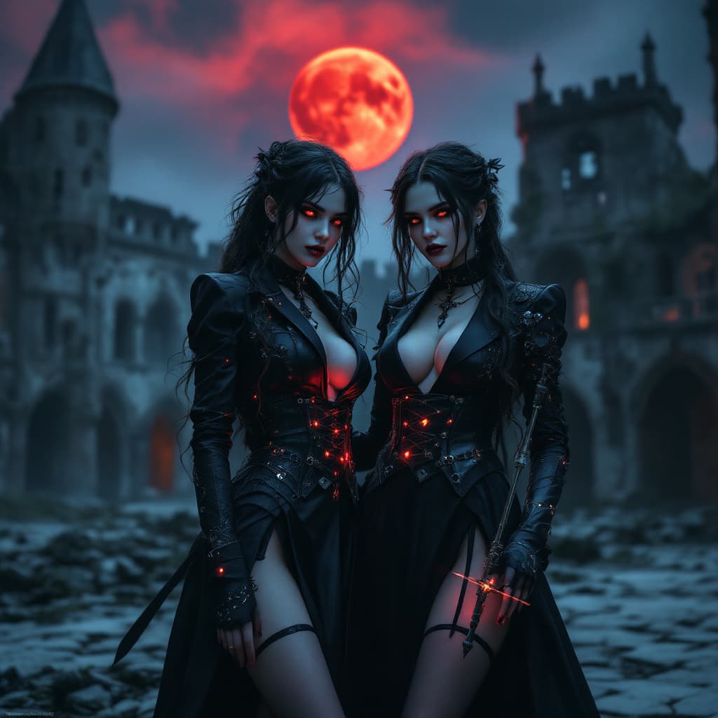 AI generated: A hyper realistic, hdr, 4k shot of two Gothic maidens, dressed in in an erotic gothic outfit , women...
