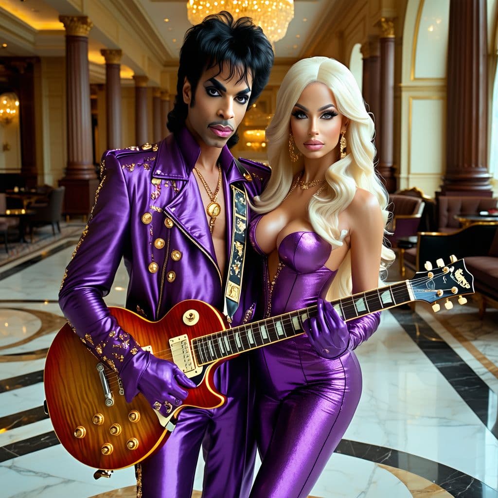 AI generated: Create a captivating image of the iconic musician Prince holding his guitar in the lobby of an elega...