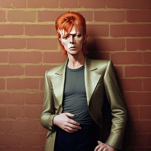 AI generated: An image of david bowie posing against a textured brick wall in an urban setting. he is turned sligh...