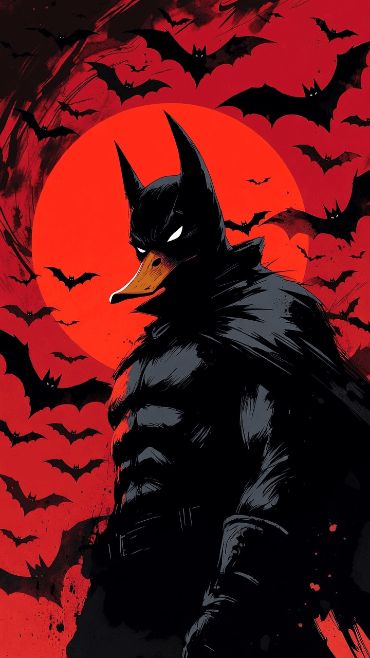 AI generated: A dark noir graphic novel illustration of "The Duck Knight." The character stands in a dramatic thre...