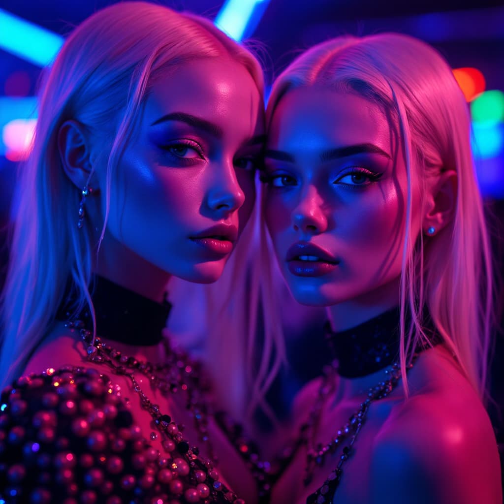 AI generated: Fashion photography, close portrait of two albino twin sisters in blue light at night club, volumetr...