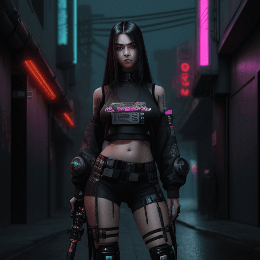 AI generated: High resolution, cyberpunk, female, sci-fi katana, long dark hair, streetwear, cybernetic eyes, poor...