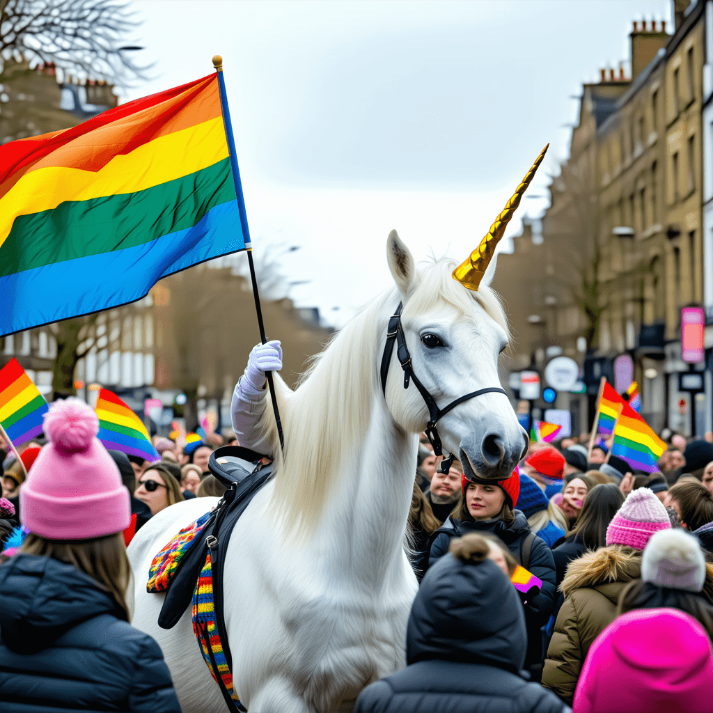 AI generated: A white unicorn waving a LGTBI flag in the middle of a crowded street