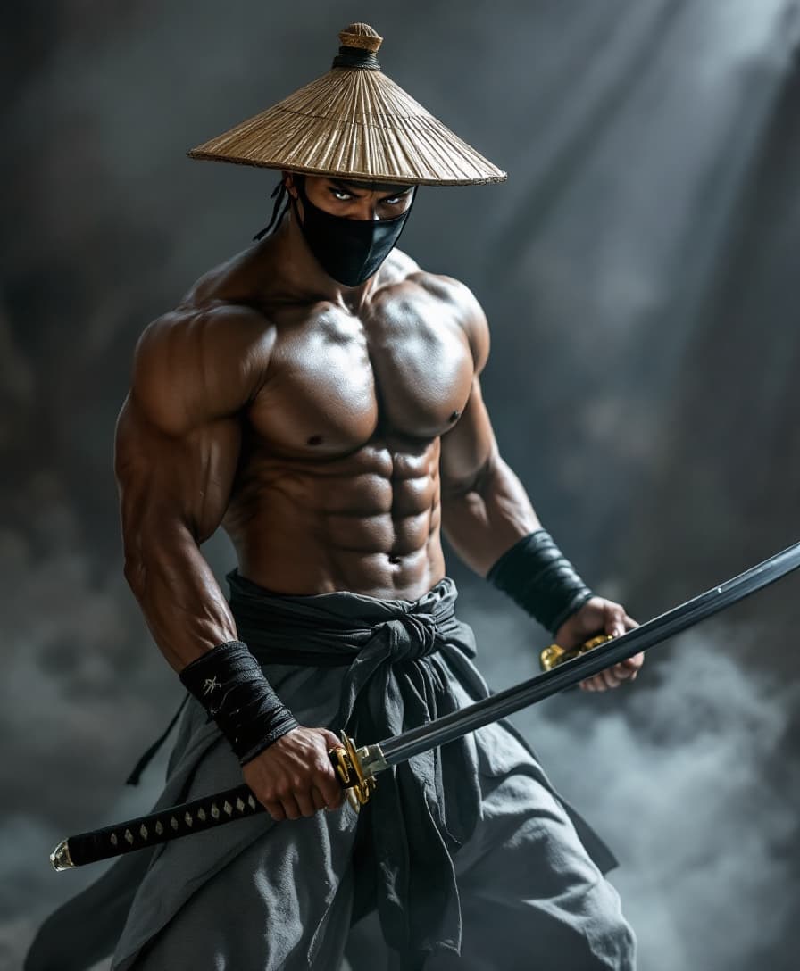 AI generated: A muscular dark-skinned black man, positioned slightly off-center to the right of the image, is depi...
