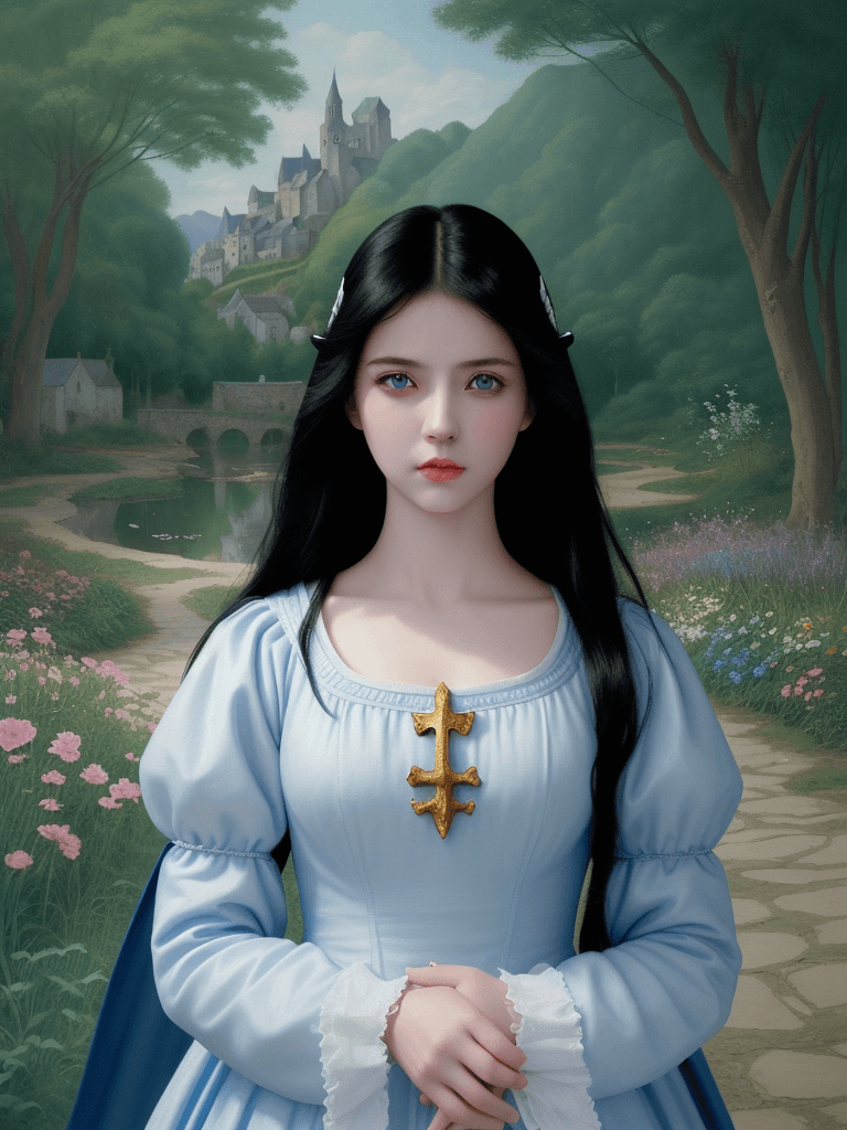 AI generated: Close portrait women, black hair, blue eyes, girl next door fashion style, confused, white skin, add...