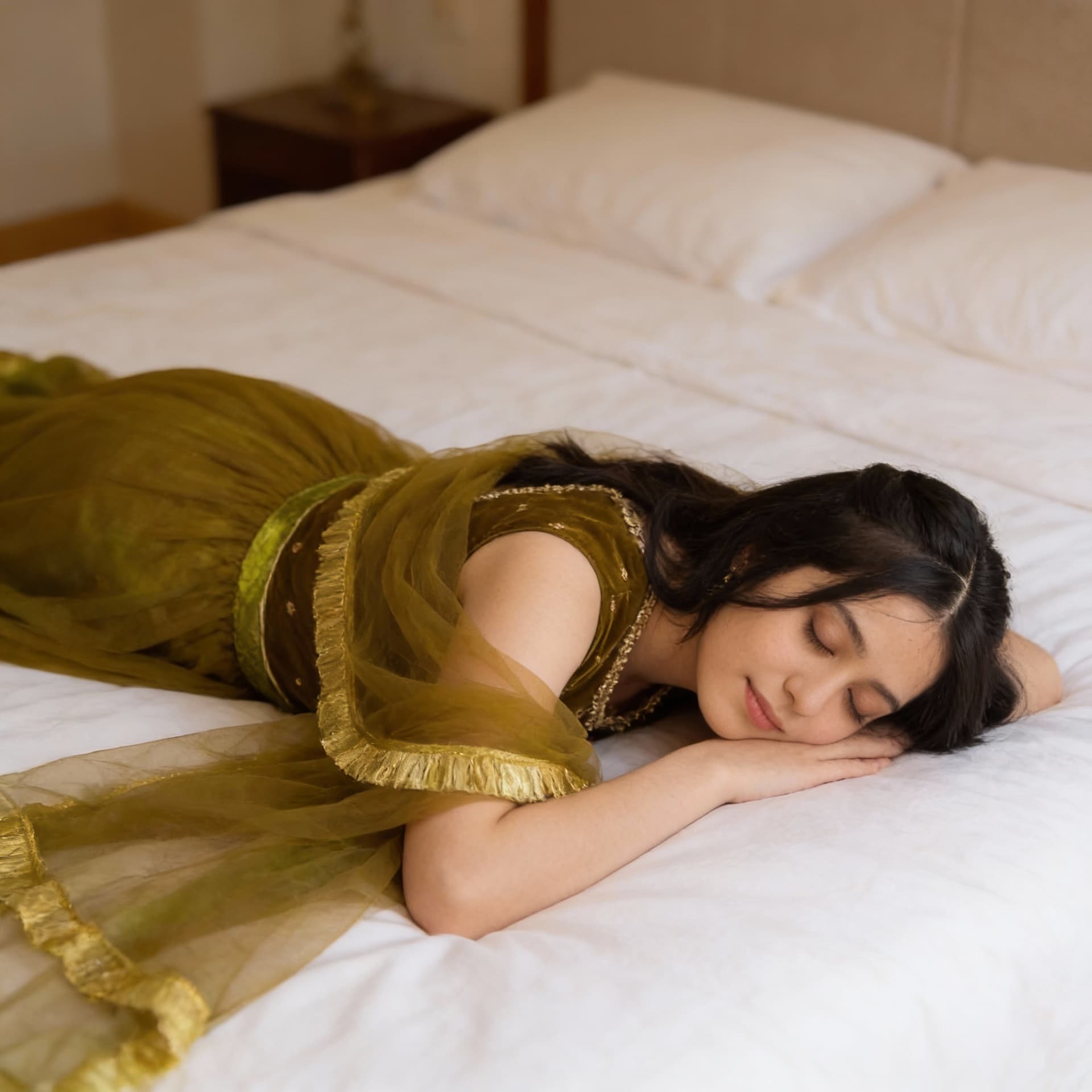 AI generated: This girl is sleeping face down lying on bed in this sleeveless similar dress and showing her body b...