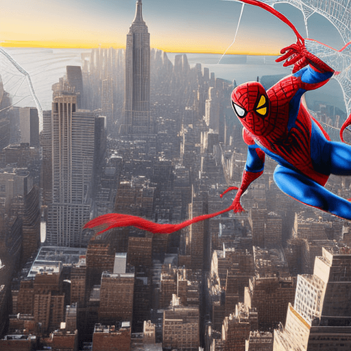 AI generated: the amazing spidercat, superhero, cat dressed in spiderman costume flying over new york city with hi...